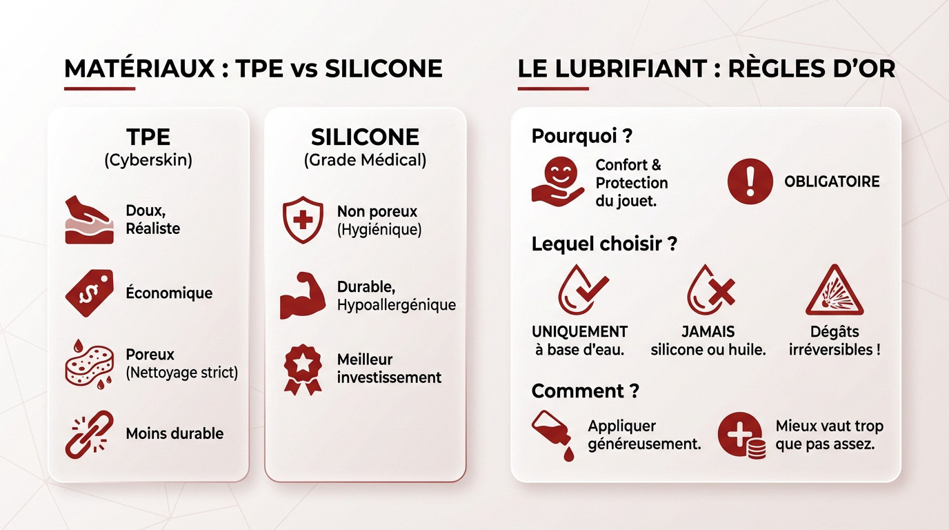 Guide visuel comparant les matériaux TPE et silicone pour vaginette et le choix du lubrifiant