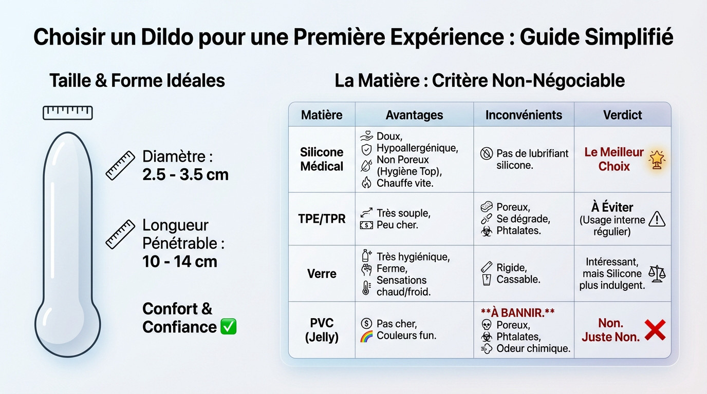 Guide visuel simplifié pour choisir la taille et la matière de son premier dildo pour couple