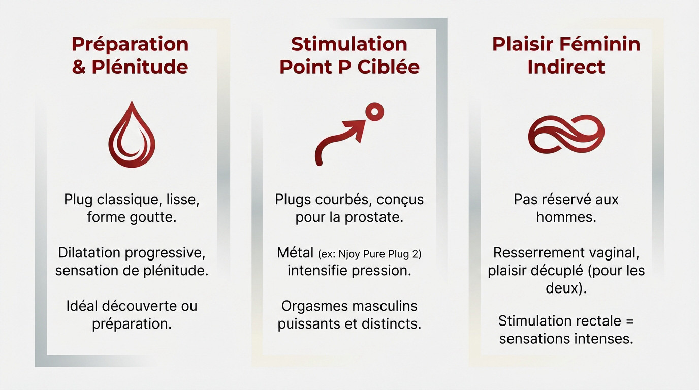 Infographie illustrant les différents types de plaisirs anaux et les plugs associés