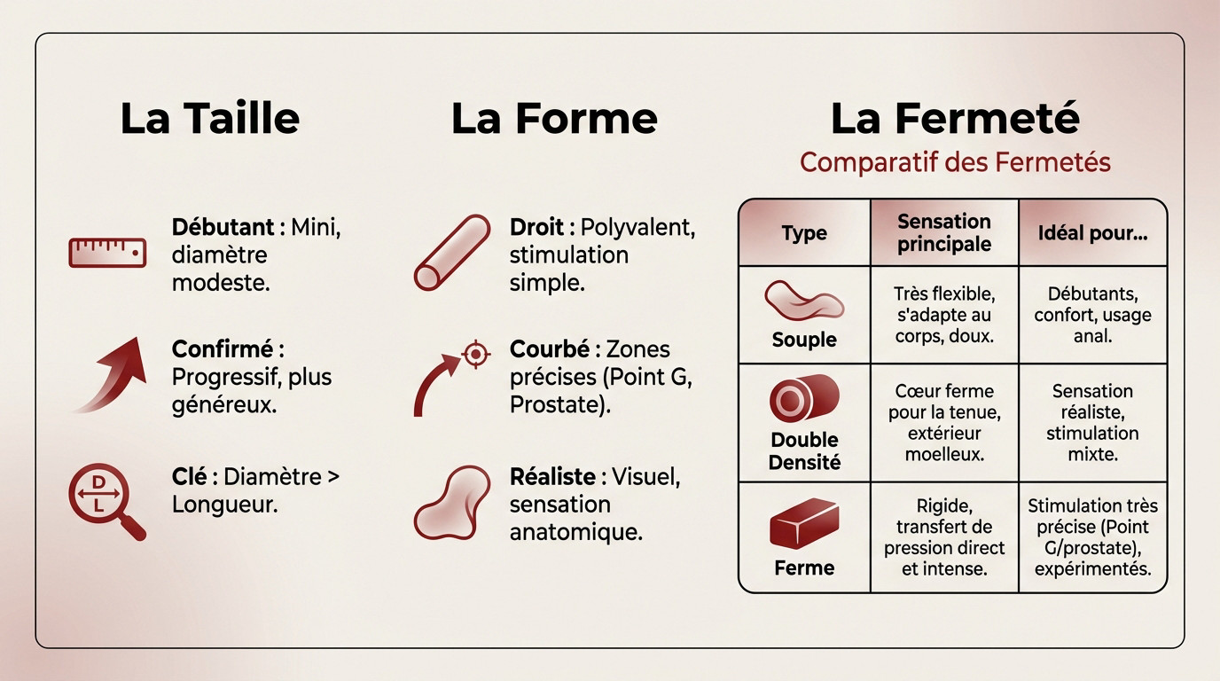 Infographie explicative pour choisir la taille, la forme et la fermeté d'un gode en silicone