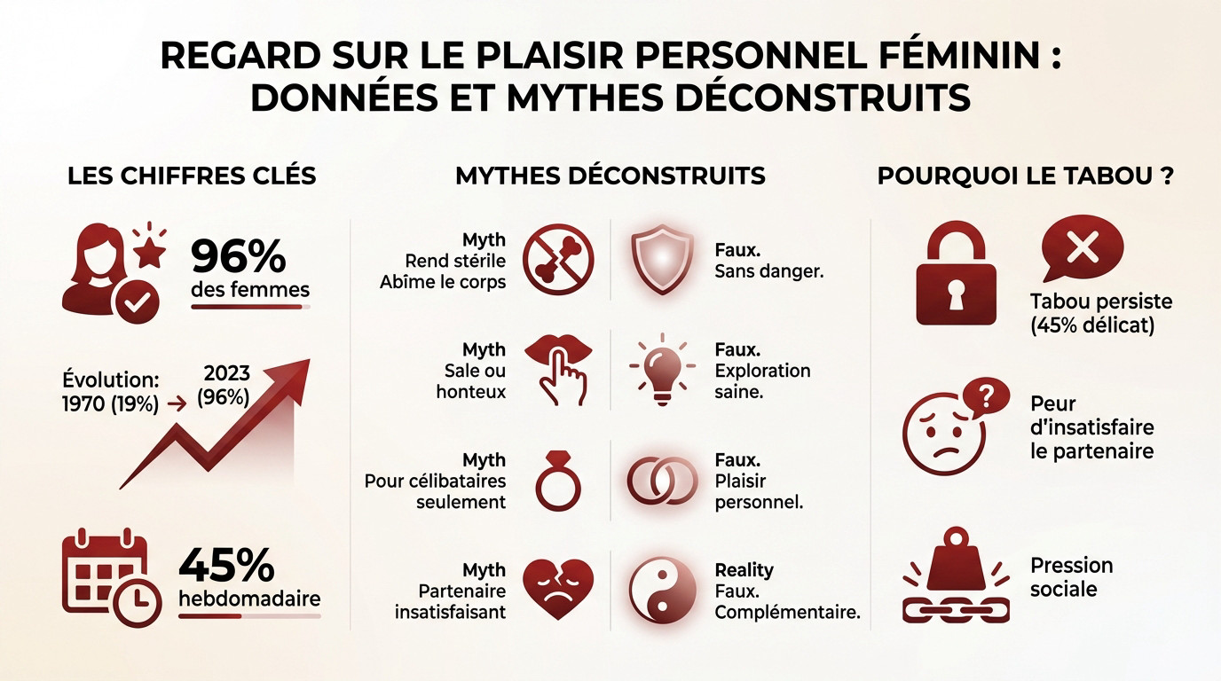 Infographie déconstruisant les mythes sur la masturbation féminine et montrant des statistiques clés