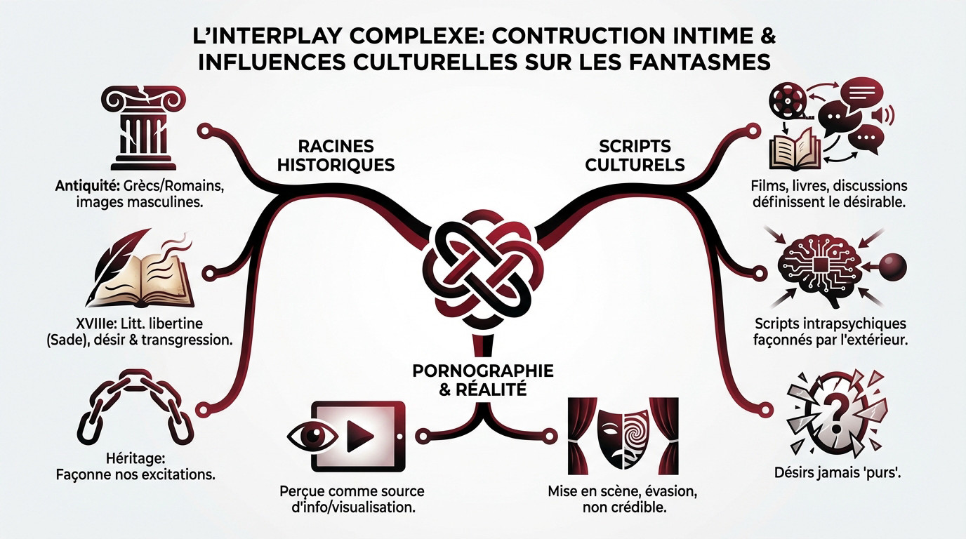 Illustration artistique montrant l'influence des médias et de la culture sur la construction des fantasmes intimes